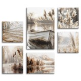 Obrazy na ścianę Zestaw- Krajobraz Łódka, woda, trawy- dekoracja ścienna boho 20841 Naklejkomania - zdjecie 1 - miniatura