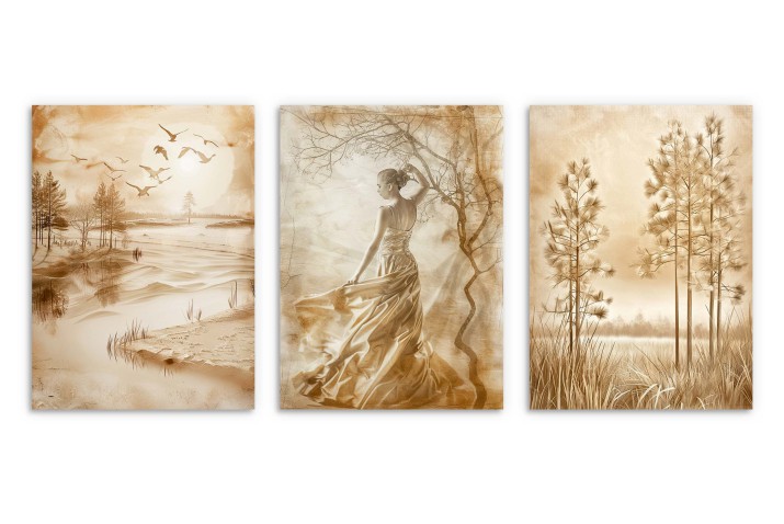 Zestaw trzech plakatów Kobieta nad jeziorem sepia 81176 - zdjęcie 5