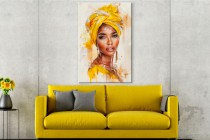 Nowoczesny obraz do salonu, sypialni egzotyczny portret kobiety w żółtym stroju 73090 Naklejkomania - zdjecie 4 - miniatura
