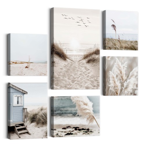 Morski krajobraz- plaża, trawa pampasowa, morze | Obrazy na ścianę boho 20849 - zdjęcie 2