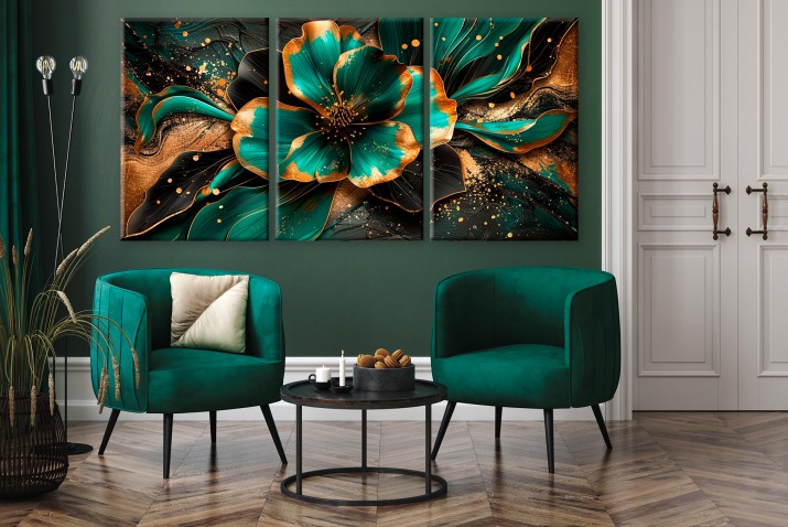 Nowoczesny Tryptyk Kwiat na abstrakcyjnym tle Zieleń i Złoto 73096 - zdjęcie 5