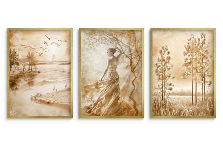 Zestaw trzech plakatów Kobieta nad jeziorem sepia 81176 - zdjęcie 3