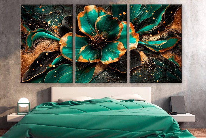 Nowoczesny Tryptyk Kwiat na abstrakcyjnym tle Zieleń i Złoto 73096 - zdjęcie 3