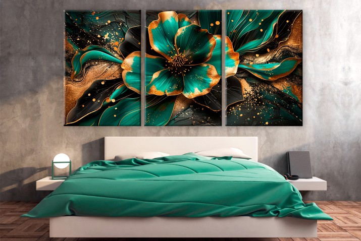 Nowoczesny Tryptyk Kwiat na abstrakcyjnym tle Zieleń i Złoto 73096 - zdjęcie 4