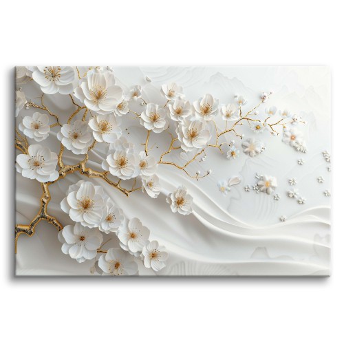Nowoczesny obraz na płótnie Złote Drzewo obsypane Białymi Kwiatami 73121
