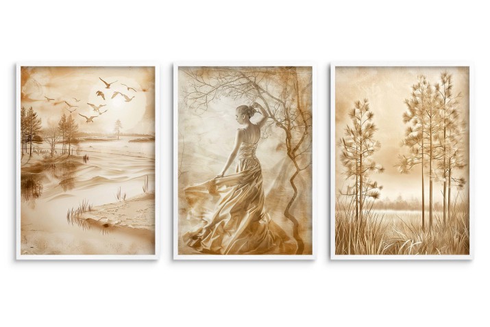 Zestaw trzech plakatów Kobieta nad jeziorem sepia 81176 - zdjęcie 2
