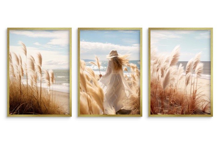 Zestaw boho plakatów trzy Plakaty na ścianę do salonu Spacer po plaży - kobieta w białej sukience na plaży 81173 - zdjęcie 2