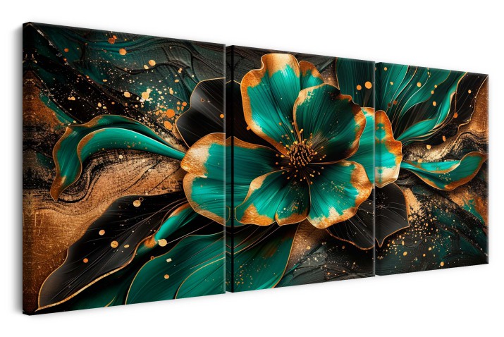 Nowoczesny Tryptyk Kwiat na abstrakcyjnym tle Zieleń i Złoto 73096 - zdjęcie 2