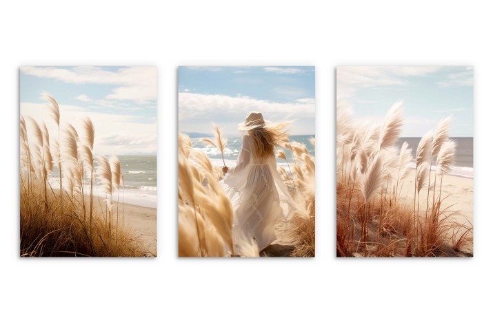 Zestaw boho plakatów trzy Plakaty na ścianę do salonu Spacer po plaży - kobieta w białej sukience na plaży 81173