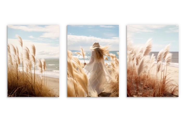 Zestaw boho plakatów trzy Plakaty na ścianę do salonu Spacer po plaży - kobieta w białej sukience na plaży 81173 - zdjęcie 4