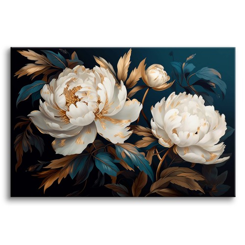 Obraz na ścianę Kwitnąca elegancja: Białe piwonie Złoto i Kobalt - Elegancki Obraz na Płótnie 73136