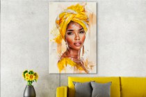 Nowoczesny obraz do salonu, sypialni egzotyczny portret kobiety w żółtym stroju 73090 Naklejkomania - zdjecie 3 - miniatura
