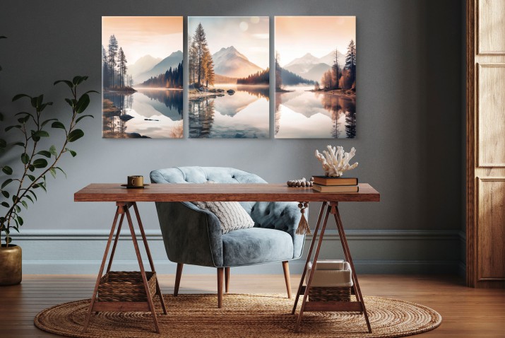 Obraz na płótnie Tryptyk- Malownicze jezioro otoczone górami 20844 - zdjęcie 3
