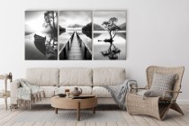 Tryptyk Spokojne Jezioro, Czarno-Biały krajobraz | Nostalgiczne obrazy na ścianę do salonu, biura 20858 Naklejkomania - zdjecie 3 - miniatura