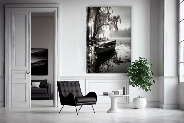 WYPRZEDAŻ 80x120 Obraz na Płótnie - Spokojny Leśny Pejzaż z Drewnianą Łódką | Monochromatyczny Obraz na ścianę do salonu, sypialni 20864 - zdjęcie 4