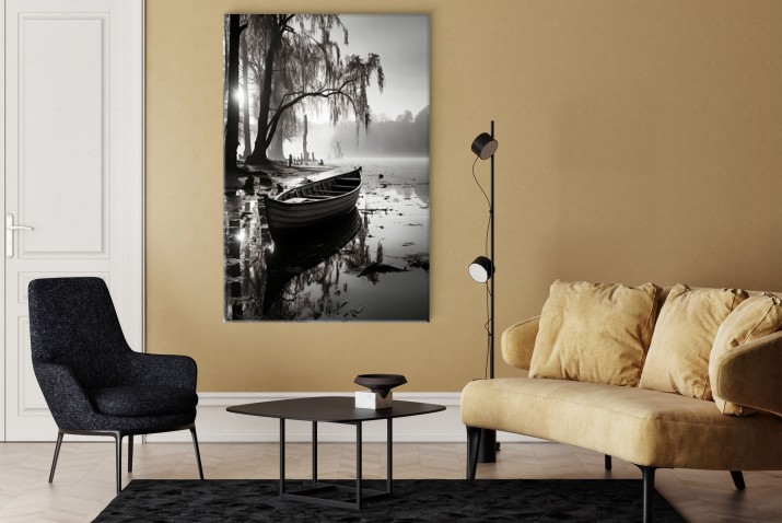 WYPRZEDAŻ 80x120 Obraz na Płótnie - Spokojny Leśny Pejzaż z Drewnianą Łódką | Monochromatyczny Obraz na ścianę do salonu, sypialni 20864 - zdjęcie 3