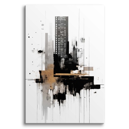 Współczesny obraz na płótnie | Czarno- biała Panorama miasta ze złotym akcentem | Abstrakcyjna dekoracja ścienna do salonu 20854