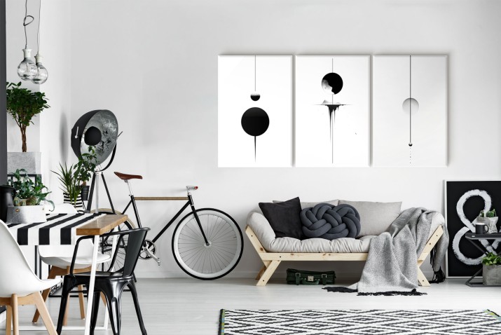Minimalistyczny tryptyk z geometrycznym wzorem | Abstrakcyjny Księżyc w trzech częściach | Czerń i biel 20859 - zdjęcie 5