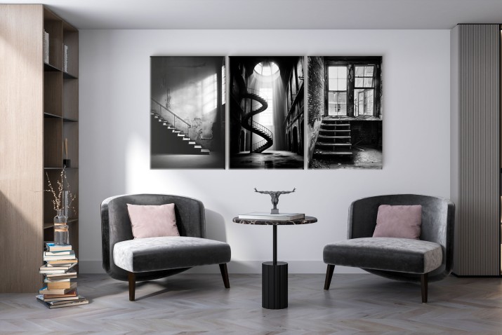 Tryptyk w stylu Loft | Industrialne schody w trzech odsłonach | Czarno- białe obrazy na ścianę do salonu, biura 20860 - zdjęcie 3
