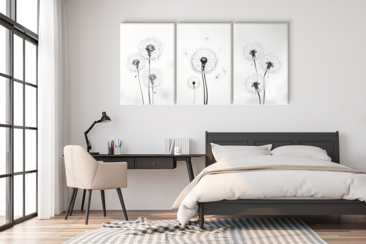 Minimalistyczny czarno-biały tryptyk - Dmuchawce na wietrze | Subtelna elegancja do salonu, biura 20857 - zdjęcie 4