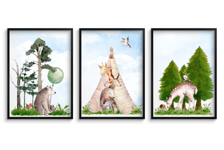 Zestaw trzech plakatów plakaty na ścianę w ramie pastelowe zwierzątka KD031 Naklejkomania - zdjecie 1