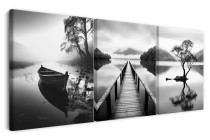 Tryptyk Spokojne Jezioro, Czarno-Biały krajobraz | Nostalgiczne obrazy na ścianę do salonu, biura 20858 Naklejkomania - zdjecie 2 - miniatura