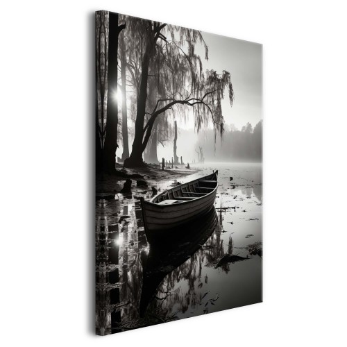 WYPRZEDAŻ 80x120 Obraz na Płótnie - Spokojny Leśny Pejzaż z Drewnianą Łódką | Monochromatyczny Obraz na ścianę do salonu, sypialni 20864 - zdjęcie 2