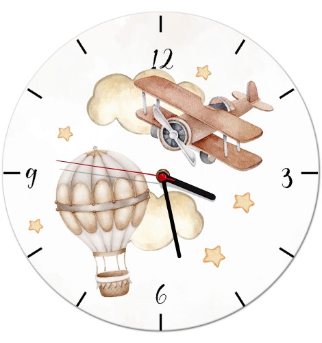 Zegar dla dzieci Samolot i balon w chmurach Beżowy ZD074