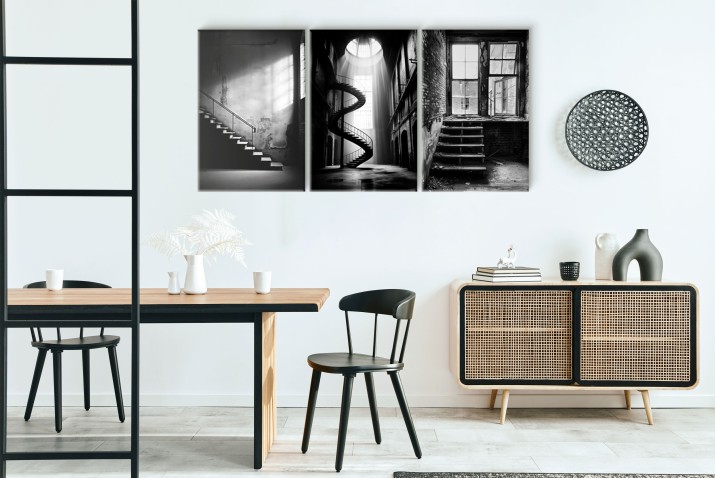 Tryptyk w stylu Loft | Industrialne schody w trzech odsłonach | Czarno- białe obrazy na ścianę do salonu, biura 20860 - zdjęcie 4