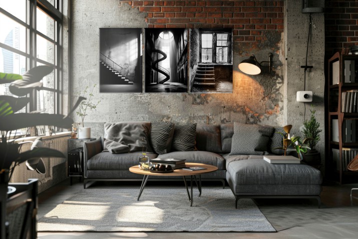 Tryptyk w stylu Loft | Industrialne schody w trzech odsłonach | Czarno- białe obrazy na ścianę do salonu, biura 20860 - zdjęcie 5
