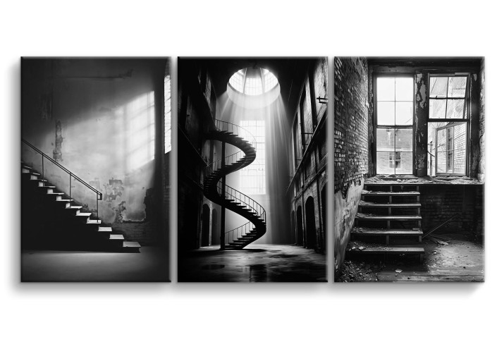 Tryptyk w stylu Loft | Industrialne schody w trzech odsłonach | Czarno- białe obrazy na ścianę do salonu, biura 20860 Naklejkomania - zdjecie 1