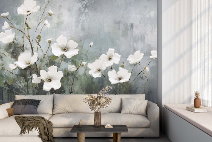 Nowoczesna fototapeta z białymi kwiatami | Tapeta na ścianę do sypialni | Elegancka dekoracja do pokoju 21309