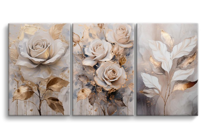 Elegancki tryptyk eleganckie kwiaty ze złotem- Nowoczesne Obrazy na ścianę | Dekoracja ścienna Kremowe Róże i Złote Liście 20888