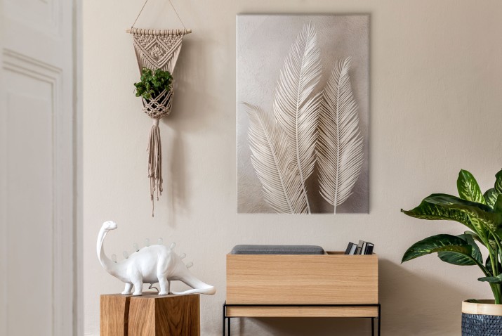 Minimalistyczny obraz na płótnie- białe pióra na beżowym tle | Dekoracja boho, styl skandynawski 20878 - zdjęcie 4