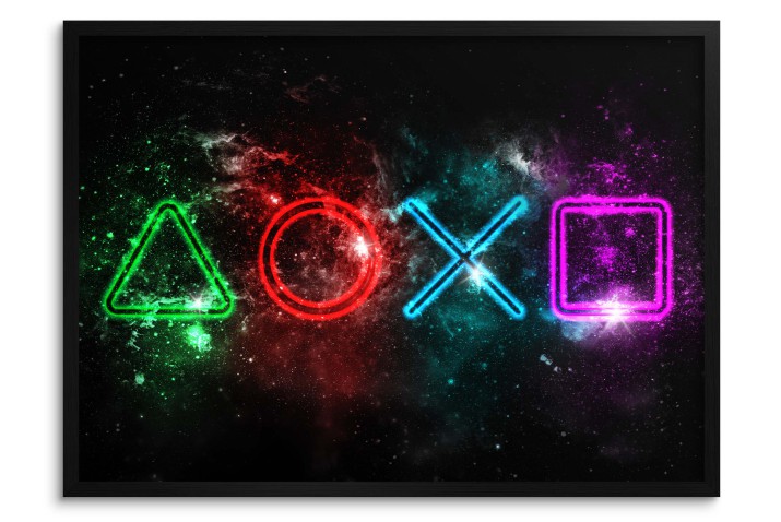 Plakat dla Gracza- Neonowe Symbole PlayStation na Kosmicznym Tle | Młodzieżowa dekoracja 61704