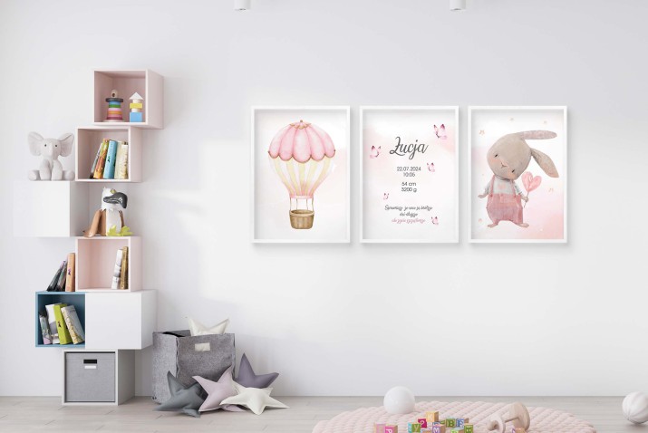 Zestaw trzech plakatów dla dzieci | Metryczka z króliczkiem i balonem | Personalizowany prezent  dla dziecka MT013 - zdjęcie 2