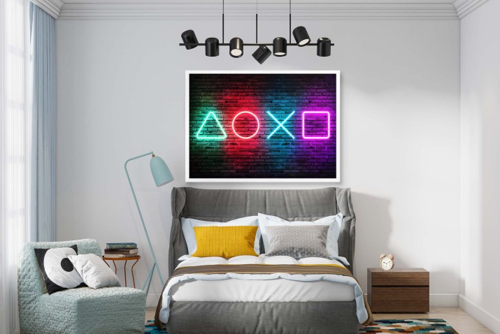 Plakat młodzieżowy | Neonowe symbole PlayStation na ceglanej ścianie | Plakat Gamingowy 61703 - zdjęcie 5