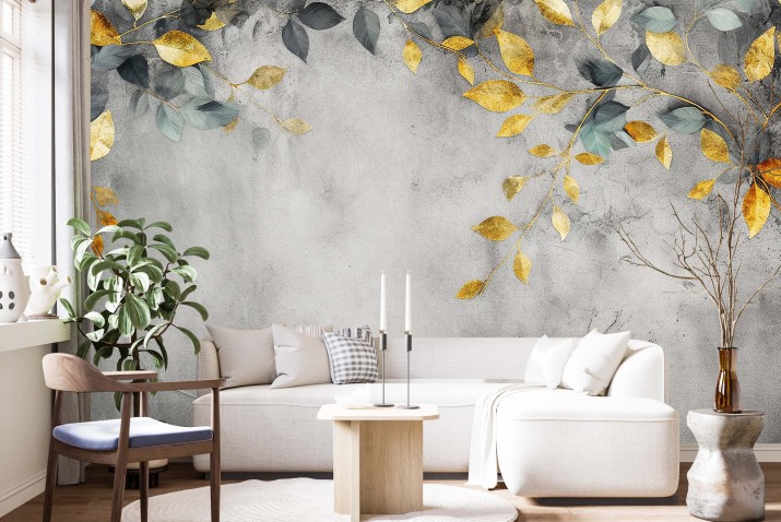 Fototapeta z motywem złotych liści na betonowym tle | Nowoczesna dekoracja do salonu, sypialni 21311
