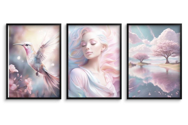 Nowoczesne Plakaty "Pastelowa Harmonia" - koliber, kobieta, krajobraz | Dekoracja ścienna do salonu, sypialni 81302