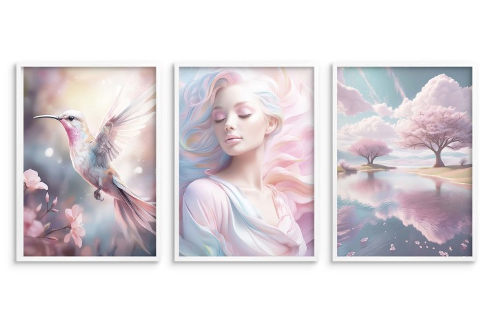 Nowoczesne Plakaty &amp;amp;amp;amp;quot;Pastelowa Harmonia&amp;amp;amp;amp;quot; - koliber, kobieta, krajobraz | Dekoracja ścienna do salonu, sypialni 81302 - zdjęcie 2