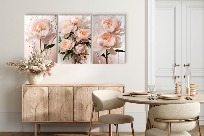 Dekoracyjne obrazy na ścianę – Tryptyk peonie | Dekoracje ścienne z motywem pastelowych piwonii 20880 - zdjęcie 5
