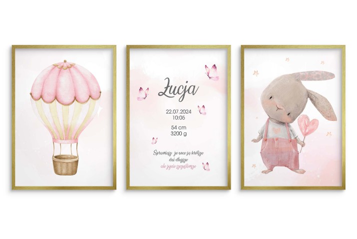 Zestaw trzech plakatów dla dzieci | Metryczka z króliczkiem i balonem | Personalizowany prezent  dla dziecka MT013 - zdjęcie 6