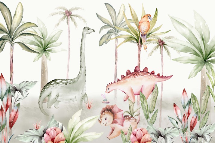 Kolorowa fototapeta z Dinozaurami dla dzieci | Akwarelowa dżungla- pastele i dinozaury 21302 - zdjęcie 2