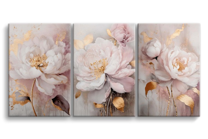 Elegancki Tryptyk Kwiatowy- Dekoracyjne Obrazy na Ścianę | Tryptyk z Abstrakcyjnymi Piwoniami i złotymi liśćmi 20886