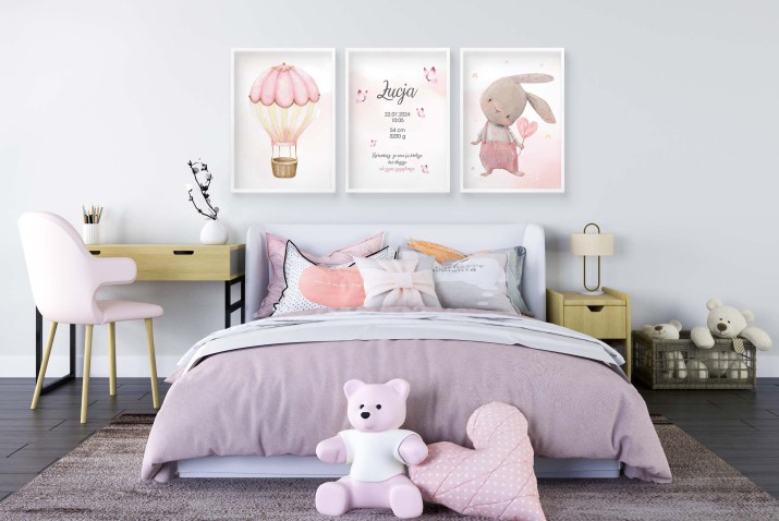 Zestaw trzech plakatów dla dzieci | Metryczka z króliczkiem i balonem | Personalizowany prezent  dla dziecka MT013 - zdjęcie 4