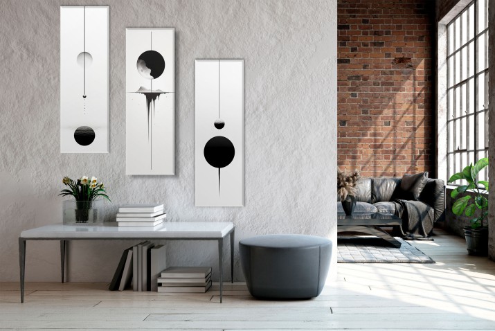 Tryptyk w stylu Loft | Księżyc w trzech odsłonach | Czarno- białe minimalistyczne obrazy na ścianę do salonu, biura 20870 - zdjęcie 3