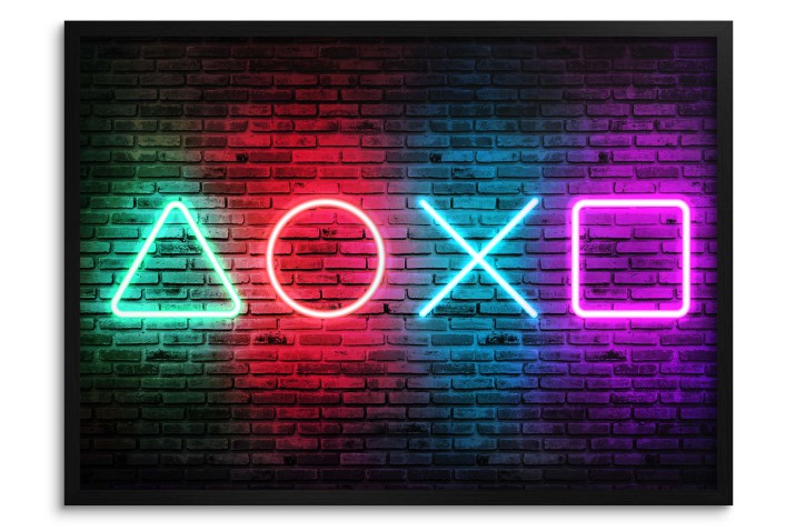 Plakat młodzieżowy | Neonowe symbole PlayStation na ceglanej ścianie | Plakat Gamingowy 61703 Naklejkomania - zdjecie 1