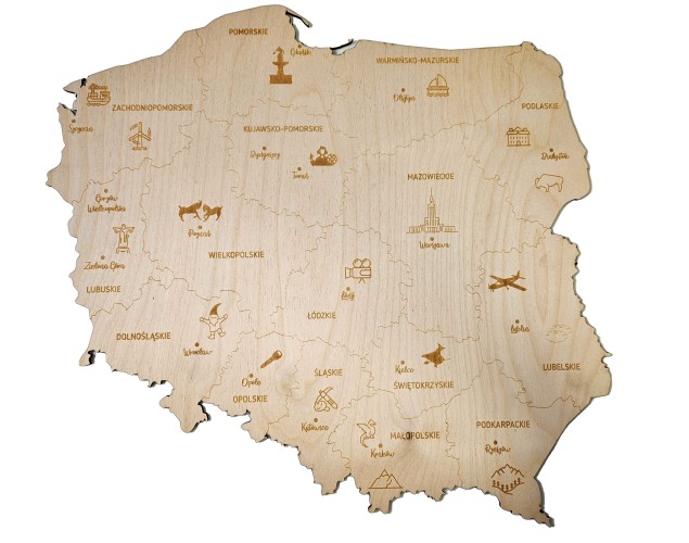 Drewniana Mapa Polski z Województwami i Symbolami | Stylowa dekoracja ścienna 25713