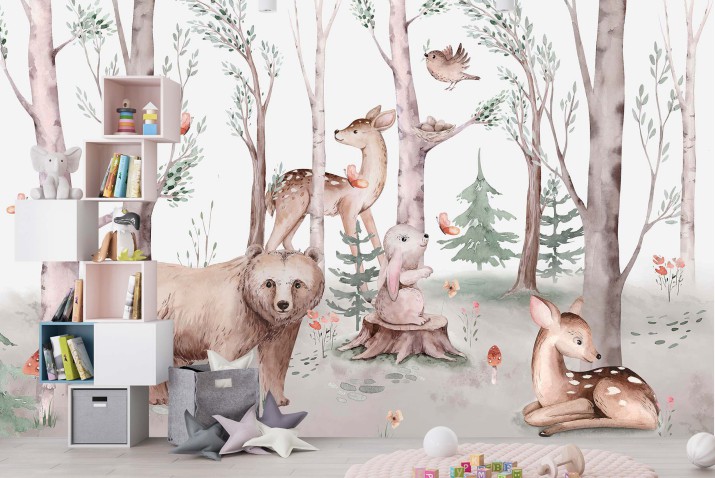 Pastelowa Fototapeta dla dzieci | Beżowe leśne zwierzęta | Dekoracja pokoju dziecka 21300