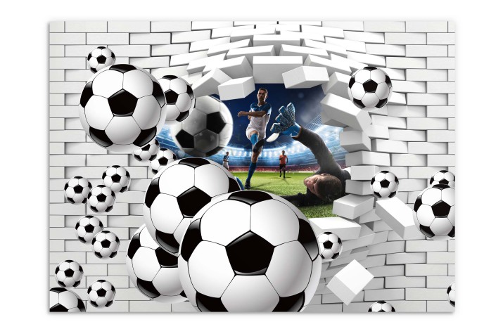 Dekoracyjny Plakat 3D - Efekt Pękającej Ściany | Piłkarz i Bramkarz na Stadionie | Mecz Piłki Nożnej 61711 - zdjęcie 4